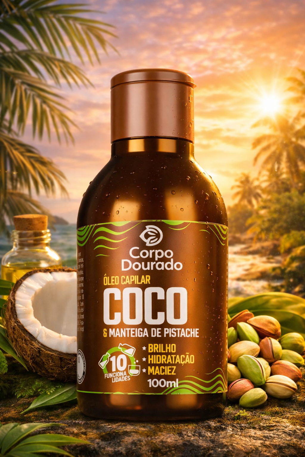 Óleo Capilar Coco & Manteiga de Pistache (100 ml) – Brillo tropical, hidratación y suavidad al instante