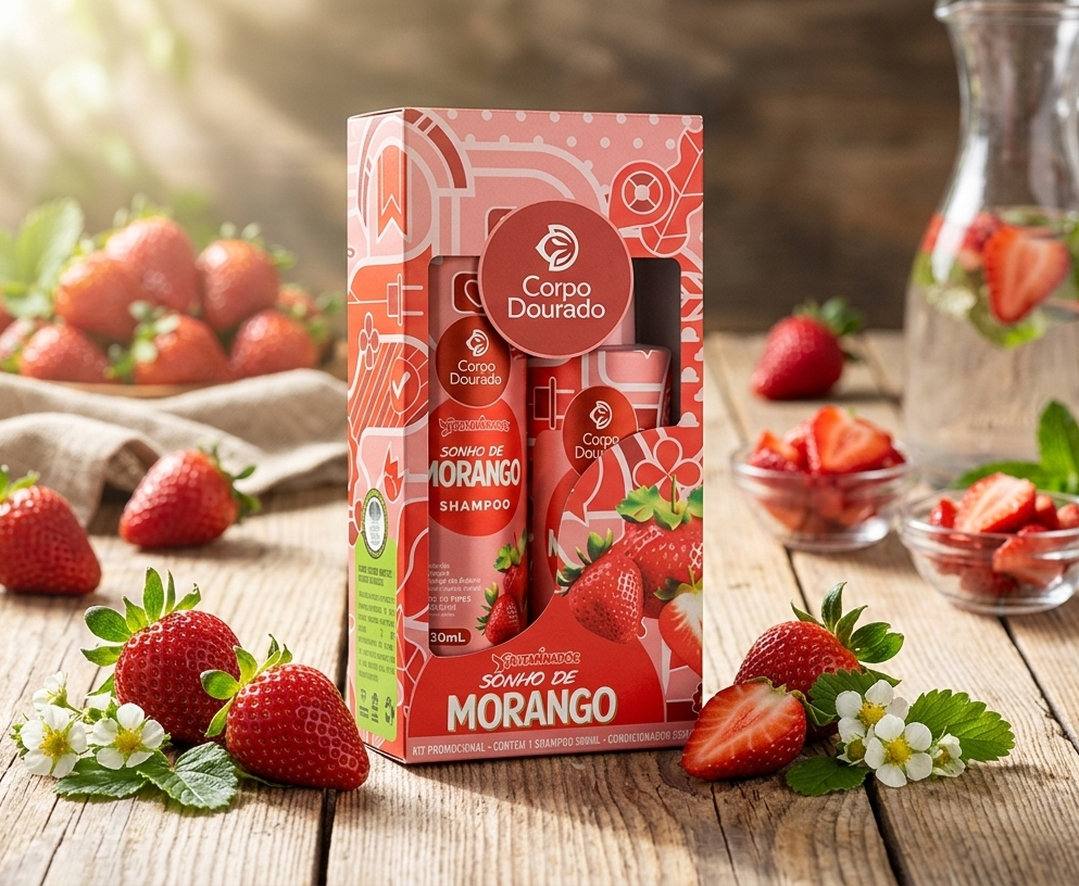 🍓 Kit Capilar Morango Sonho de Fresa Corpo Dourado - Shampoo y Acondicionador (Frutaminados) ✨